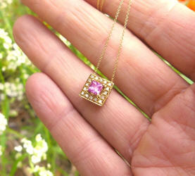 Halo princess cut natural ceylon pink sapphire pendant in 14k yellow gold