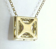 Natural Princess Cut Pink Sapphire and Diamond Halo Pendant in 14k yellow gold