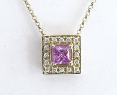 Princess Cut Pink Sapphire and Diamond Pendant in 14k yellow gold