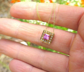 Halo princess cut natural ceylon pink sapphire pendant in 14k yellow gold