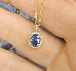 Royal Blue Natural Sapphire and Real Diamond Halo Pendant in 14k yellow gold for sale