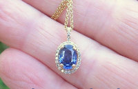 Oval Natural Blue Sapphire Necklace with Real Diamonds in solid 14k yellow gold with Gold Chain