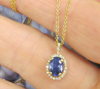 Oval Natural Sapphire Pendant Necklace with Real Diamonds set in 14k yellow gold