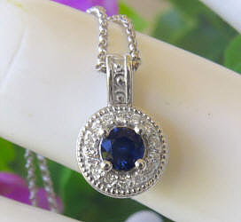 Natural Ceylon Blue Sapphire and Diamond Pendant Necklace in 14k white gold for sale