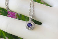 Natural round purple sapphire pendant with a real diamond halo in solid 14k white gold for sale
