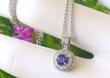 Ceylon Natural round purple sapphire and diamond halo pendant necklace in 14k white gold for sale