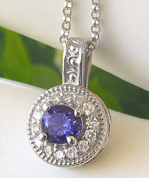 Natural round purple sapphire and diamond halo pendant necklace in 14k white gold for sale