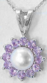 Pink Sapphire and 6mm Pearl Pendant in 14k white gold