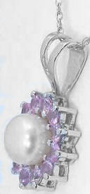 Pink Sapphire Halo and 6mm Pearl Pendant in 14k white gold