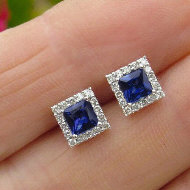 Princess Cut Natural Blue Sapphire Diamond Halo Earrings in 14k white gold