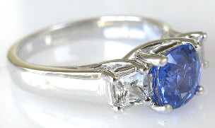 Natural Blue and Princess White Sapphire Three Stone Ring in 14k white gold for sale