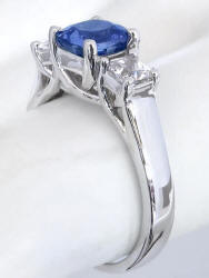 Natural Cushion Blue and Princess White Sapphire Three Stone Ring in 14k white gold for sale
