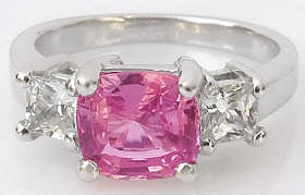 Natural Cushion Bright Pink Sapphire Three Stone Ring with Princess White Sapphires in white gold