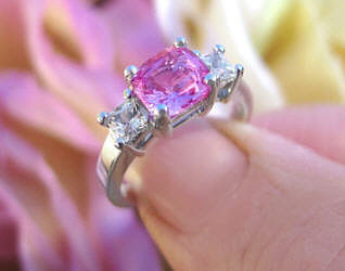 Natural Ceylon Hot Pink Sapphire Three Stone Engagement Ring with Princess White Sapphires in white gold