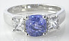 Cushion Natural Ceylon Blue Sapphire and Princess Cut White Sapphire Three Stone Ring in 14k white gold for sale