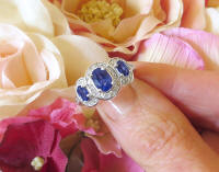 14k white gold Natural Ceylon Blue Sapphire Three Stone Ring with Genuine Diamond Halos