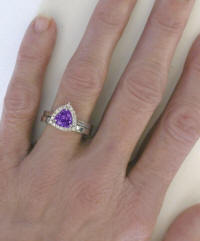 Engagement Ring and Band with Trillion Amethyst in 14k white gold
