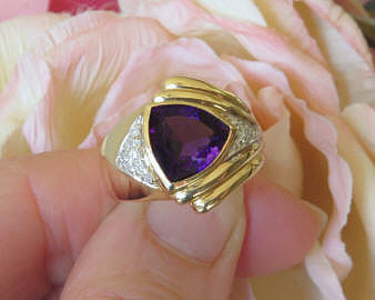 Bezel Set Trillion Cut Amethyst Ring with Diamond Accents in 14k yellow gold for sale