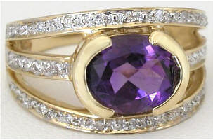 Amethyst and Three Row Diamond Ring in 14k yellow gold