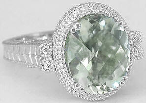 Vintage Prasiolite and Diamond Engagement Ring in 14k white gold