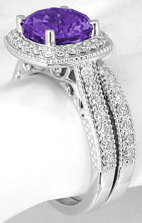 Amethyst Diamond Halo Engagement Ring with Straight Band