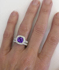 Cushion cut halo amethyst band ring in 14k gold