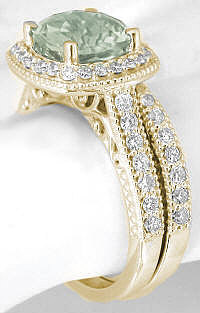 Prasiolite Diamond Halo Ring with Matching Band in 14k