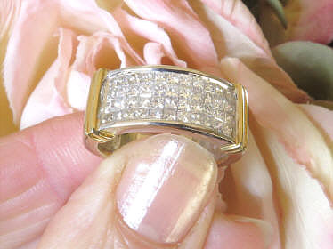 Bold Invisibly Set Princess Cut Real Diamond Ring in 18k two tone white and yellow gold for sale