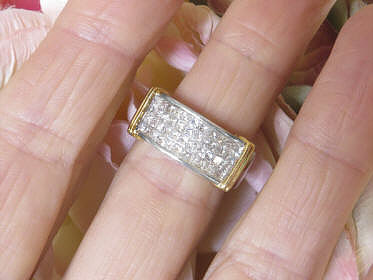 Real Diamond Anniversary Ring Band with Four Rows of Invisibly Set Princess Cut Diamonds  in 18k two tone white and yellow gold