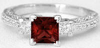 Antique Style Princess Cut Garnet and Diamond Engagement Ring