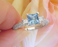 Princess Cut Real Aquamarine Engagement Ring in 14k white gold with Vintage Styling