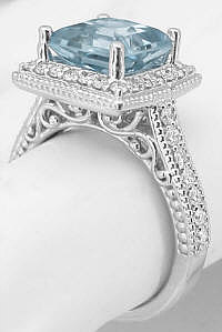 Princess Aquamarine and Diamond Halo Rings