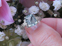 Emerald Cut Genuine Aquamarine and Real Diamond Engagement Ring in solid 14k white gold