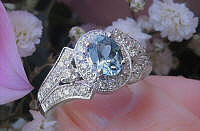Natural Oval Aquamarine Antique Style Ring with Diamonds in solid 14k whtie gold for sale
