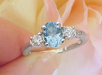 Vintage Natural Aquamarine and Diamond Three Stone Ring in 14k white gold for sale