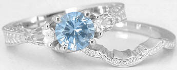 March Birthstone Aquamarine and White Sapphire Wedding Ring