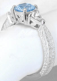 Aquamarine Three Stone Ring with Engraving in 14k white gold