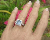Large Princess Aquamarine Ring with Read Diamond Halo in 14k white gold