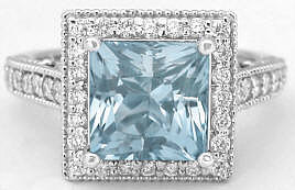 Princess Aquamarine and Diamond Halo Ring in 14k white gold