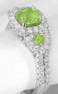 Princess Cut Peridot Engagement Ring and Band in 14k white gold