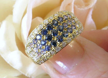 Pave Shades of Natural Blue Sapphire and Diamond Ring in solid 18k yellow gold for sale