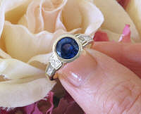Bezel Set Natural Round Blue Sapphire and Real Princess Cut Baguette Diamond Engagement Ring in solid 18k gold for sale