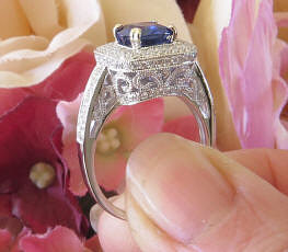 Cushion Cut Natural Ceylon Blue Sapphire and Real Diamond Engagement Ring in 14k white gold for sale
