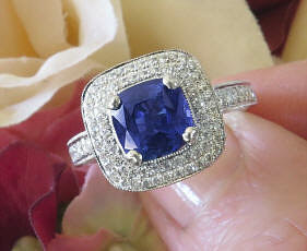Cushion Cut Natural Blue Sapphire Ring with a Real Diamond Double Halo in solid 14k white gold