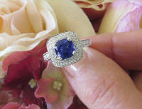 Cushion Cut Genuine Blue Sapphire Engagement Ring with a Real Diamond Double Halo in solid 14k white gold