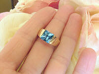 Square Cut Blue Topaz Tank Ring in Genuine 14k Yellow Gold for sale