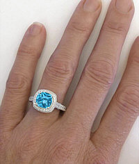 Cushion Blue Topaz Diamond Halo Rings in 14k gold