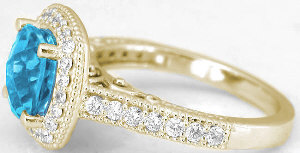 Swiss Blue Topaz Diamond Halo Ring in 14k Yellow Gold