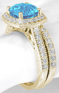 Swiss Blue Topaz Diamond Halo Engagement Ring and Matching Band in 14k Yellow Gold