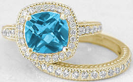 Swiss Blue Topaz Diamond Halo Engagement Rings in 14k Yellow Gold